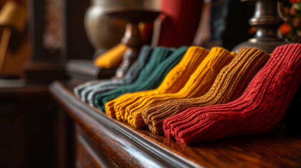 Assorted colorful cashmere leg warmers on wooden surface, indoor elegant setting.