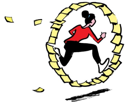 Illustration of a woman running in a wheel made of Post-it notes