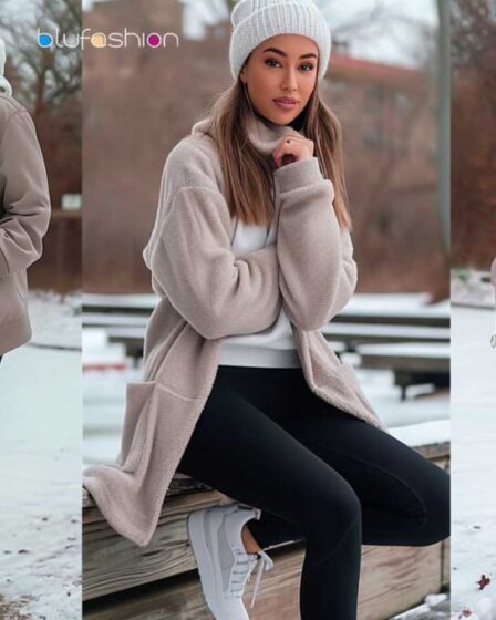 Winter athleisure essentials: Neutral hoodie, cardigan, leggings, and white sneakers.
