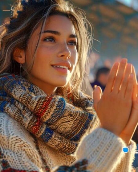 Cheerful young woman clapping at a sporting event wearing a cozy scarf and sweater.
