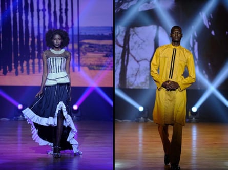One female and one male model wear Alphadi designs on the catwalk in Rabat, Morocco