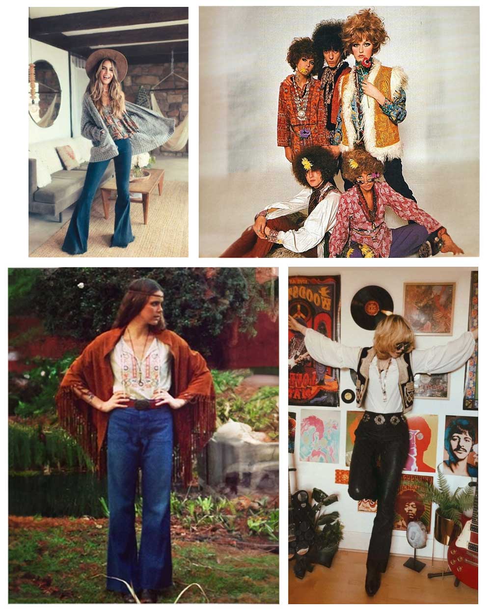 The 80s saw a blend of bohemian motifs and new-wave influences, mixing floral patterns with ripped jeans and biker jackets.