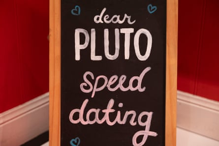 A sign welcoming attendees to a Dear Pluto speed dating night at the Soda Factory in Sydney’s Surry Hills in November.