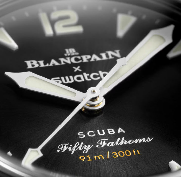 a close-up detailed photo of of the blancpain x swatch scuba fifty the ocean of storms watch dial