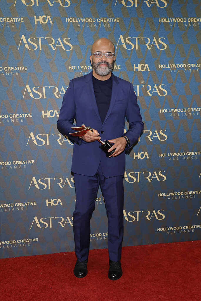 Jeffrey Wright, winner of the Acting Achievement Award, poses in the press room during the 2024 Astra Film Awards