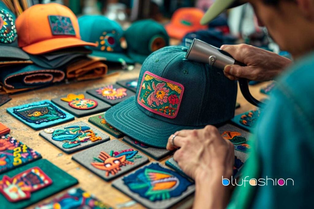 Artisan applying an intricate floral patch to a teal hat among colorful patches by blufashion