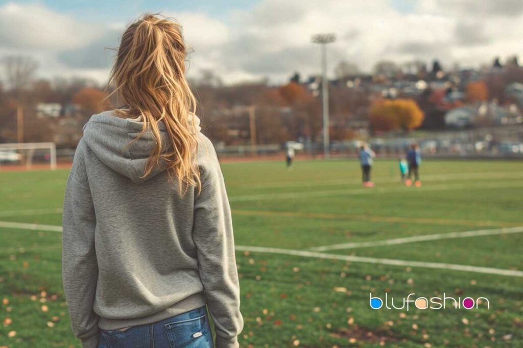 Woman in gray hoodie watching soccer game on a cloudy autumn day, back view.