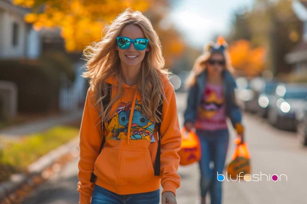 Radiant woman in orange hoodie and blue sunglasses enjoying autumn walk with friend.