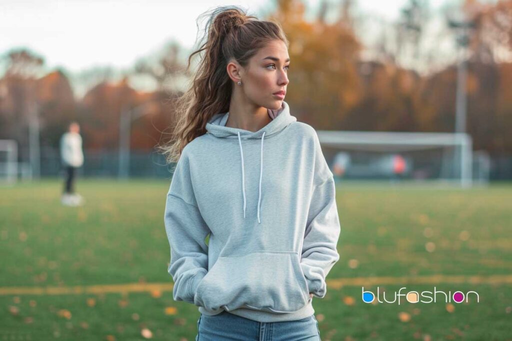 Focused woman in gray hoodie at soccer field, autumn trees in soft focus background.