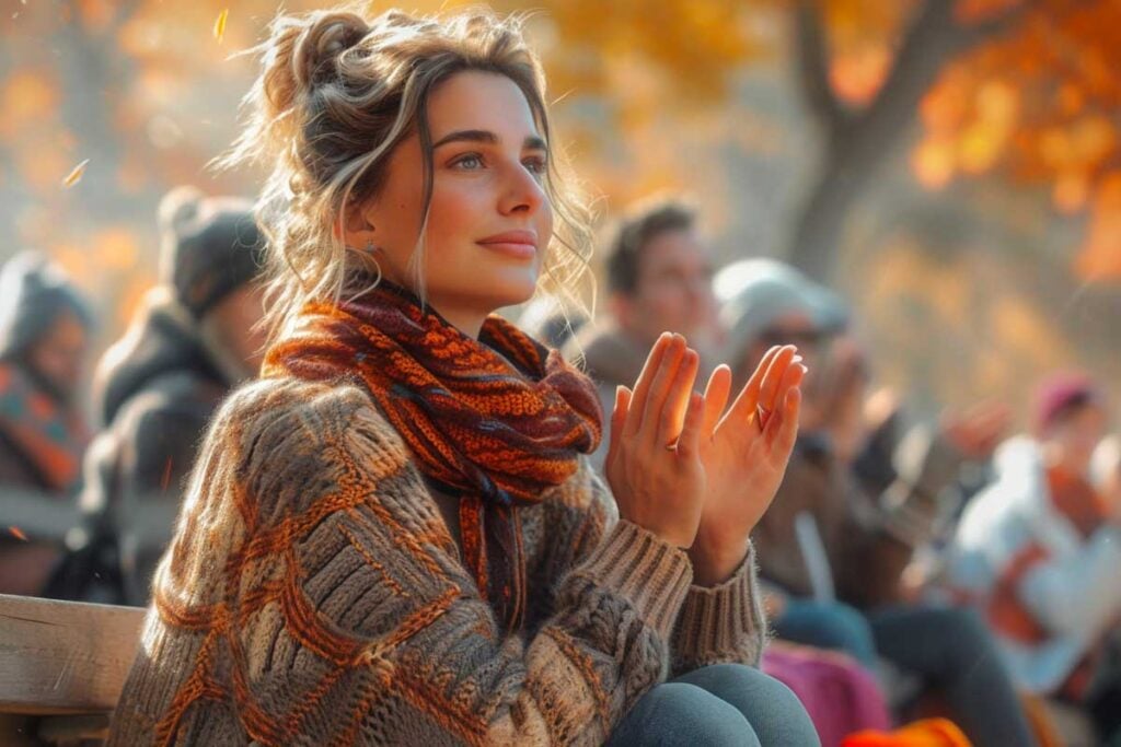 Contemplative woman clapping, autumn leaves backdrop, cozy scarf and knit sweater.