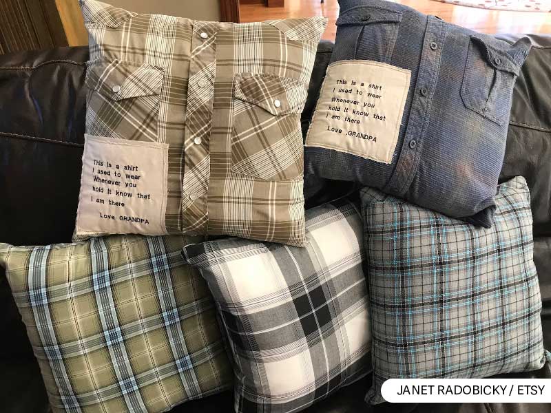 Assorted memory pillows made from grandpa's shirts with sentimental notes.