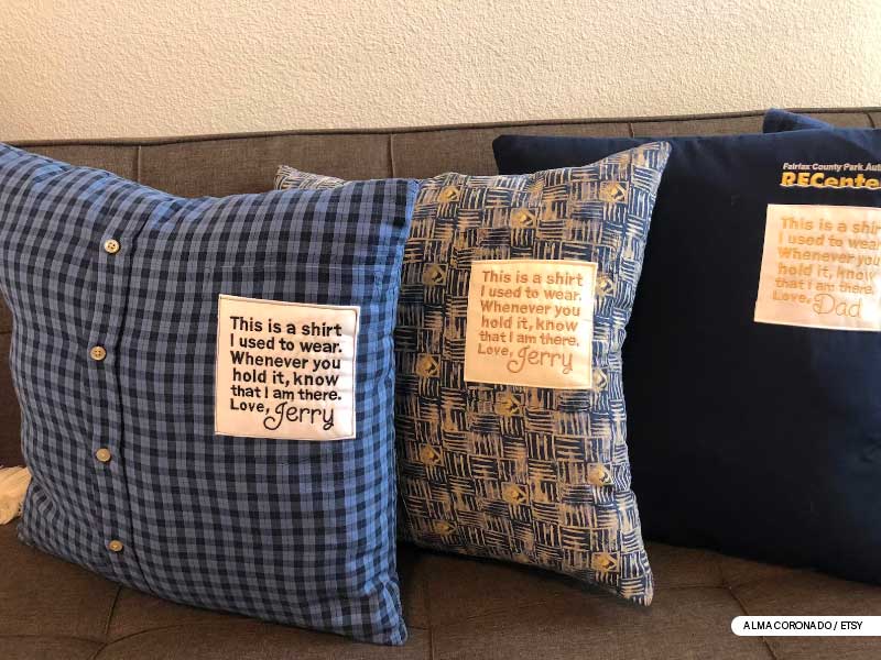 Custom-made memory pillows created from shirts with personal messages from Jerry and Dad.
