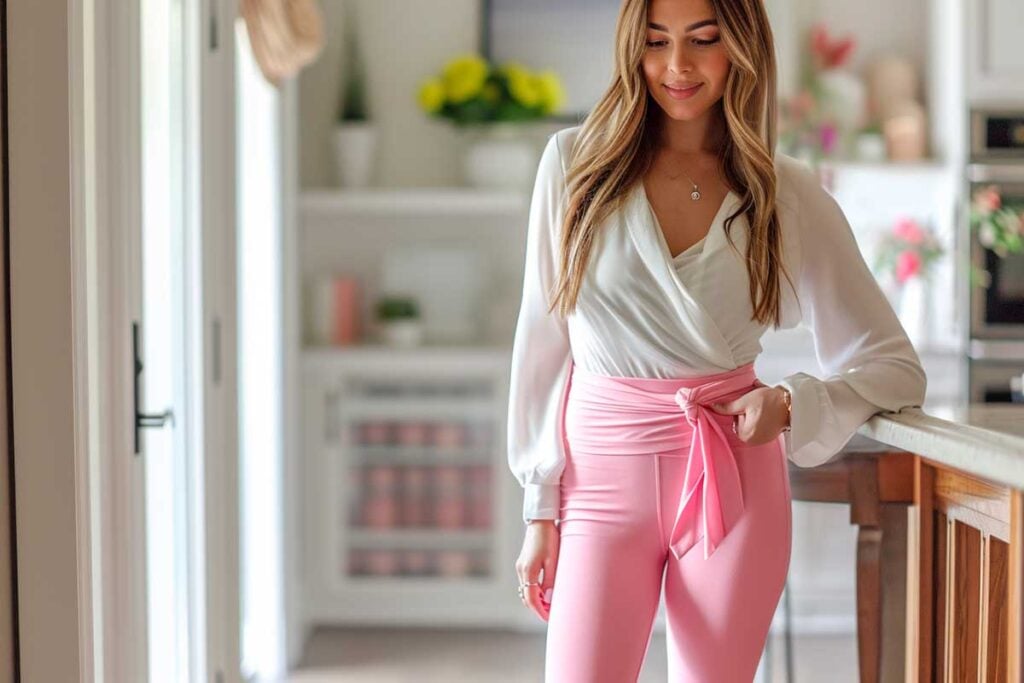 Elegant woman in white blouse and pink leggings in a modern home interior
