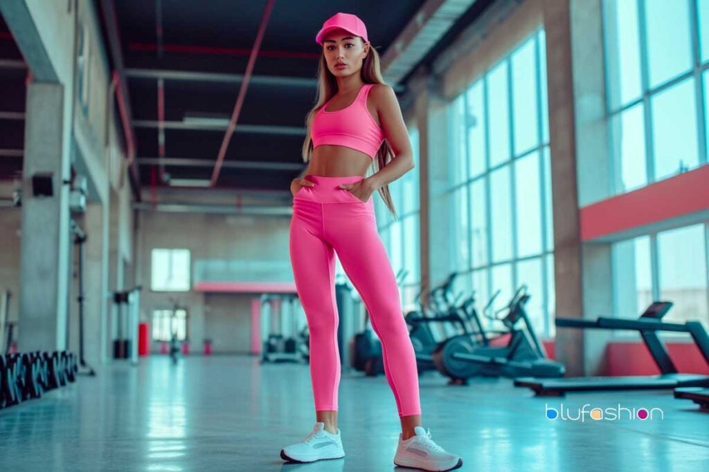 Fit woman in pink sportswear and cap at the gym
