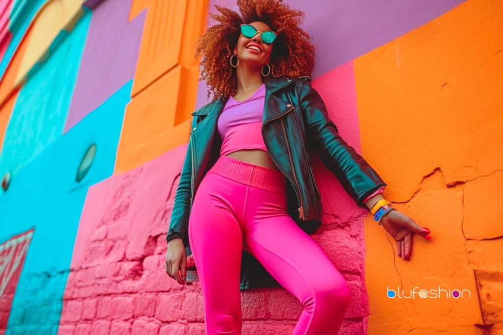 Joyful woman in pink leggings and leather jacket against a colorful mural