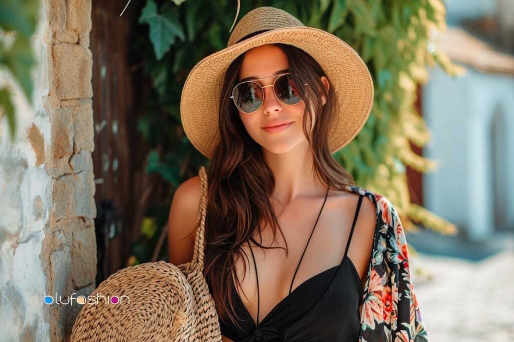 Stylish woman in summer hat and sunglasses with black dress on quaint street.