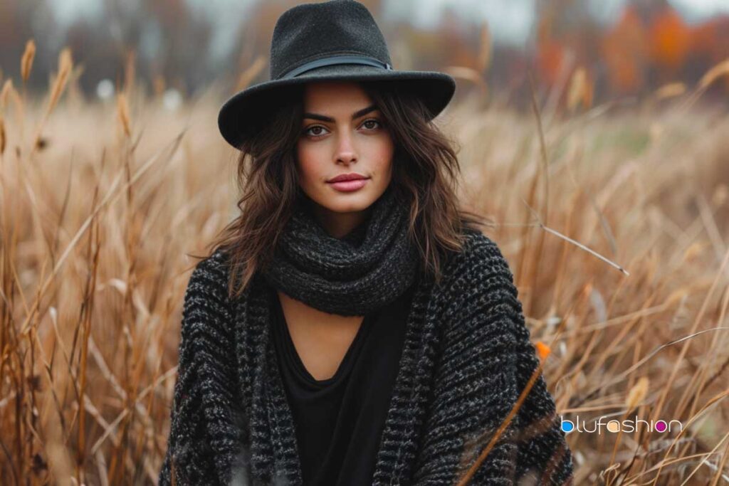 Fashionable autumn outfit with oversized black sweater and fedora in a field.