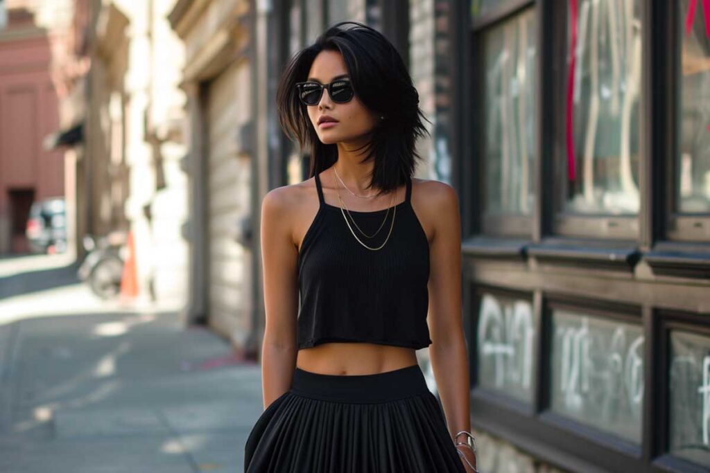 Trendy urban street style with black crop top, pleated skirt, and sunglasses.