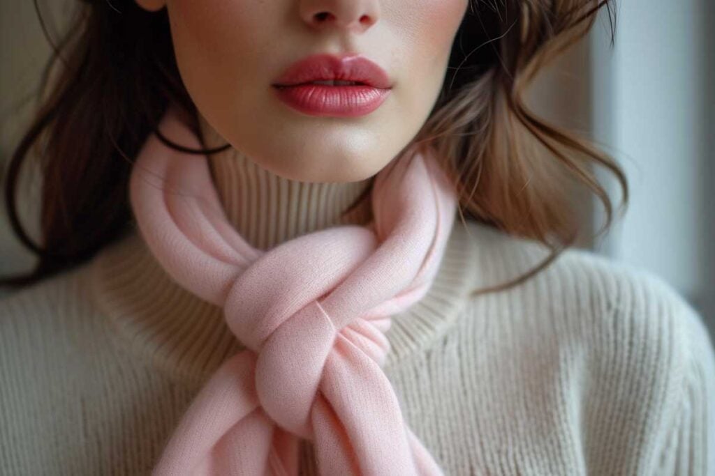 Chic woman in cozy pink scarf and knit sweater, close-up on lips and fabric.