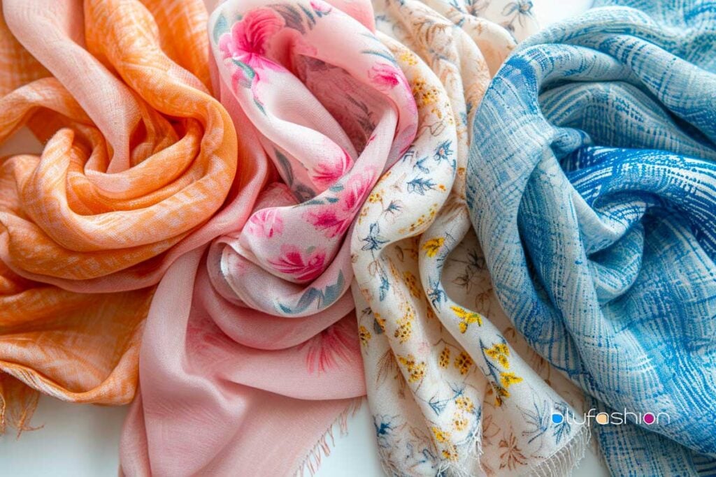 Spring-themed scarves with floral and abstract patterns in pastel tones.