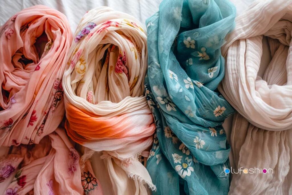 Elegant pastel spring scarves with delicate floral patterns.