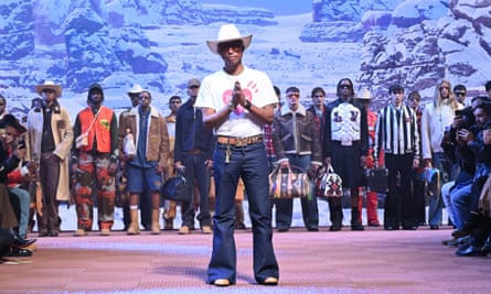 Pharrell Williams on the runway during the Louis Vuitton show in Paris.