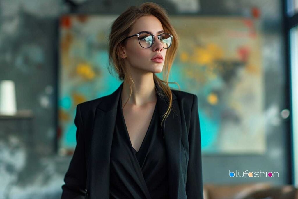 Elegant woman in a black blazer and eyeglasses, modern professional look.