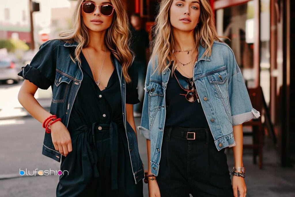 Chic street style in black jumpsuits with denim jackets for women.