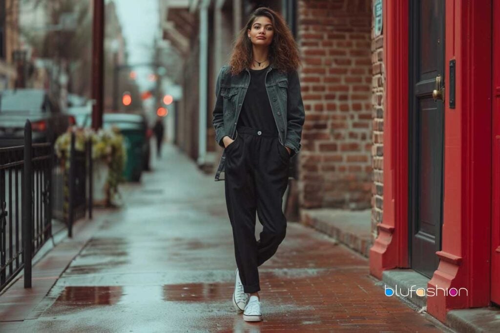 Urban style woman in black jumpsuit and denim jacket on city street.