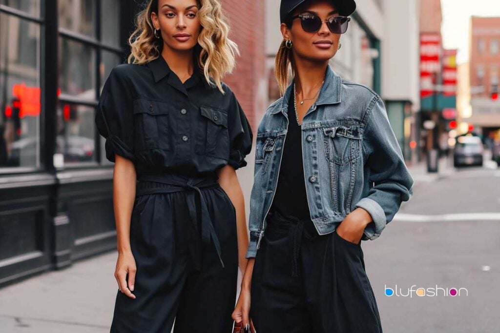 Trendy urban fashion with black utility jumpsuits and denim jackets.