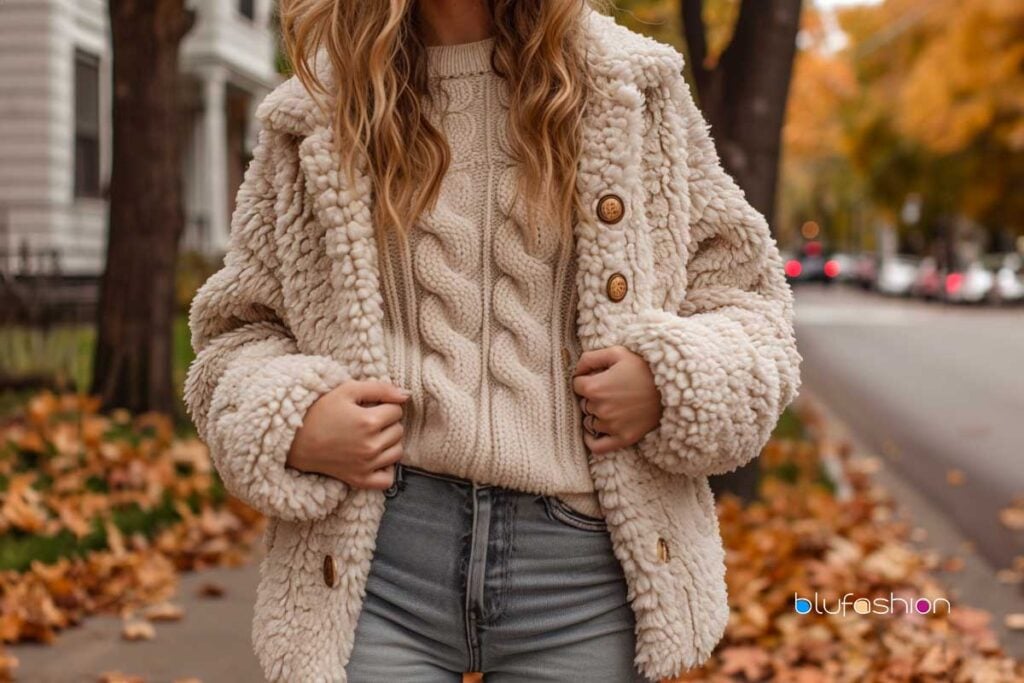 utumn outfit featuring a plush teddy jacket, chunky knit sweater, and jeans.