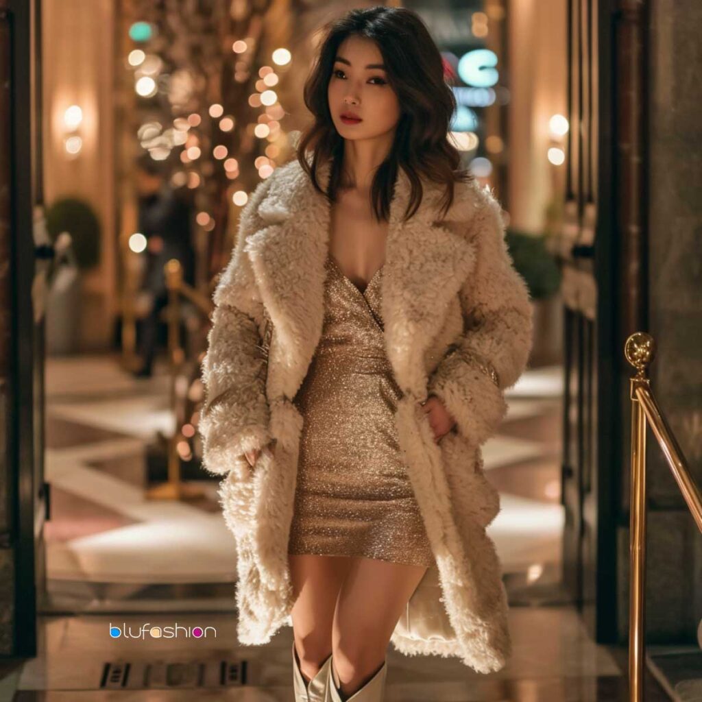 Elegant evening look with a shimmering cocktail dress and luxurious teddy coat.