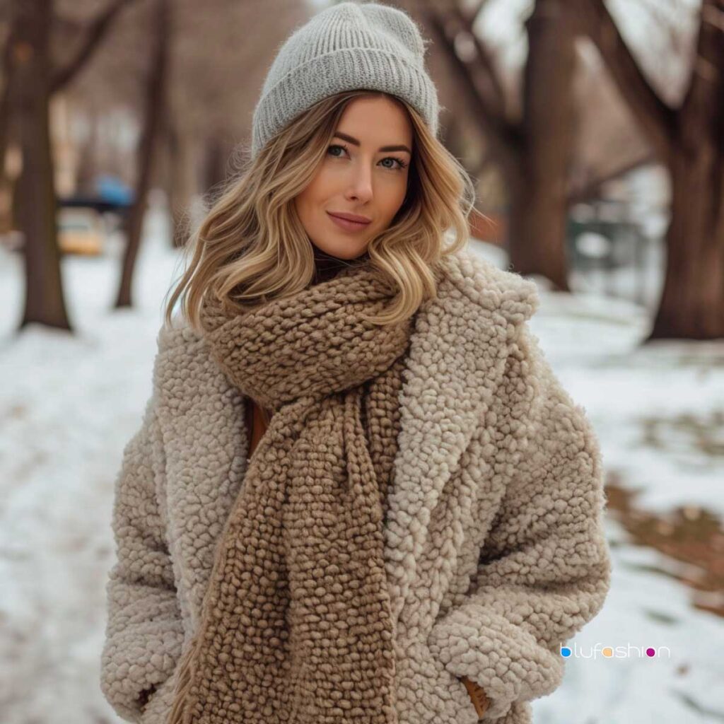 Wrap up in style with a plush teddy jacket and chunky knit scarf for those chilly winter days.
