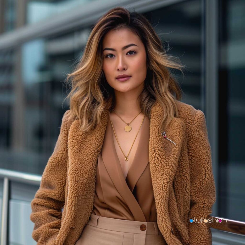 Business casual with a twist: Woman in a teddy coat over a chic beige blazer.