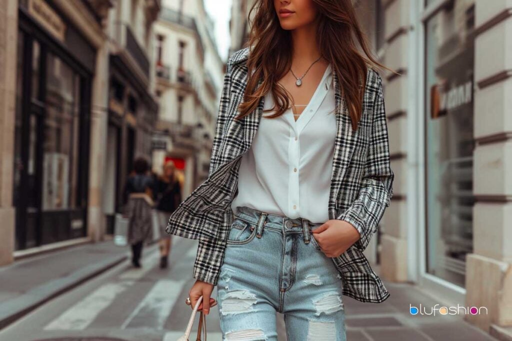 Fashion-forward casual look with distressed jeans and a chic black and white shacket