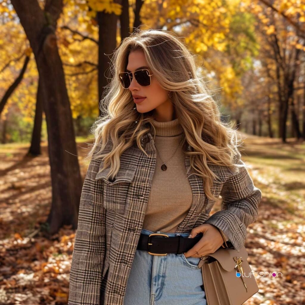 Autumn style perfection with a neutral plaid shacket, turtleneck, and light denim.