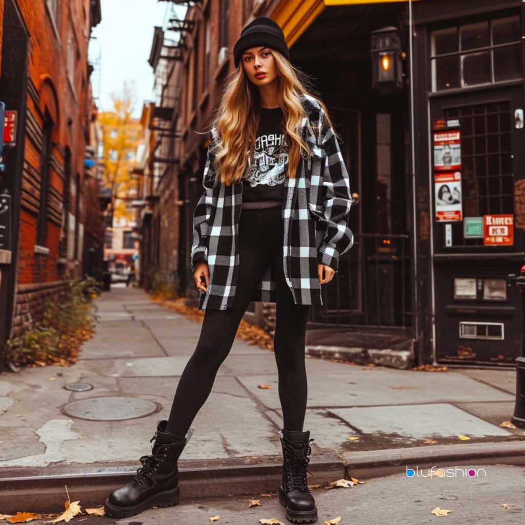 Edgy urban fall fashion with a black and white checked shacket and combat boots.