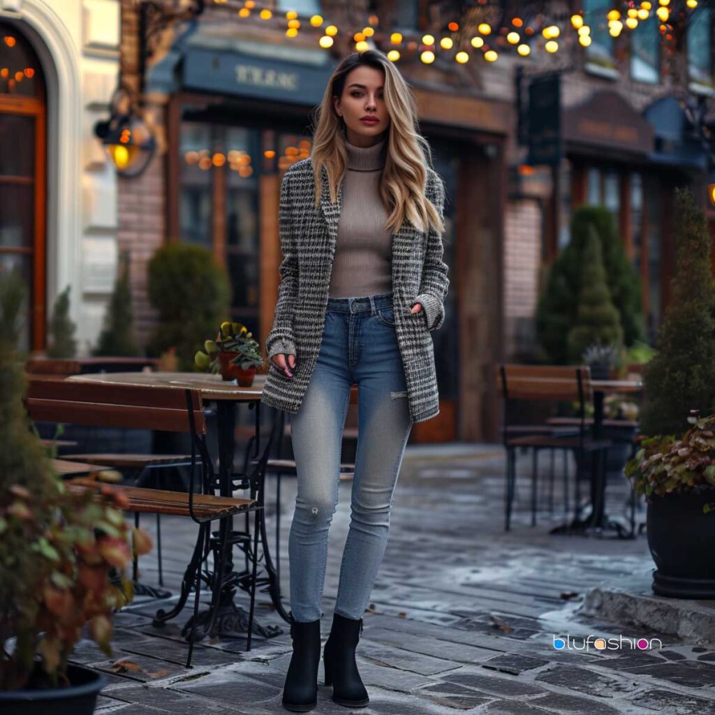 Chic sidewalk style with beige turtleneck, checkered shacket, and light-wash jeans.