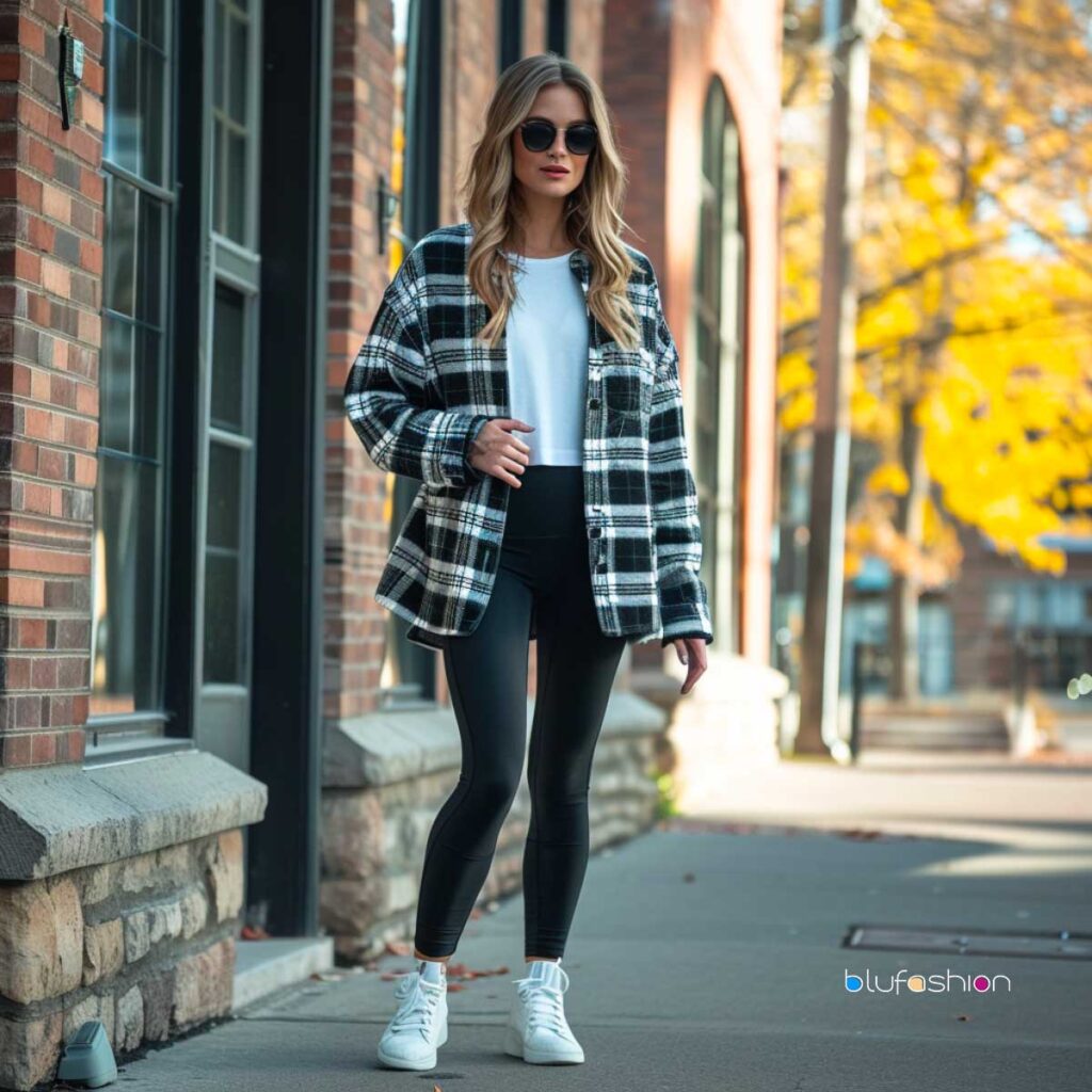Chic streetwear vibe with plaid shacket, leggings, and white sneakers on city walk.
