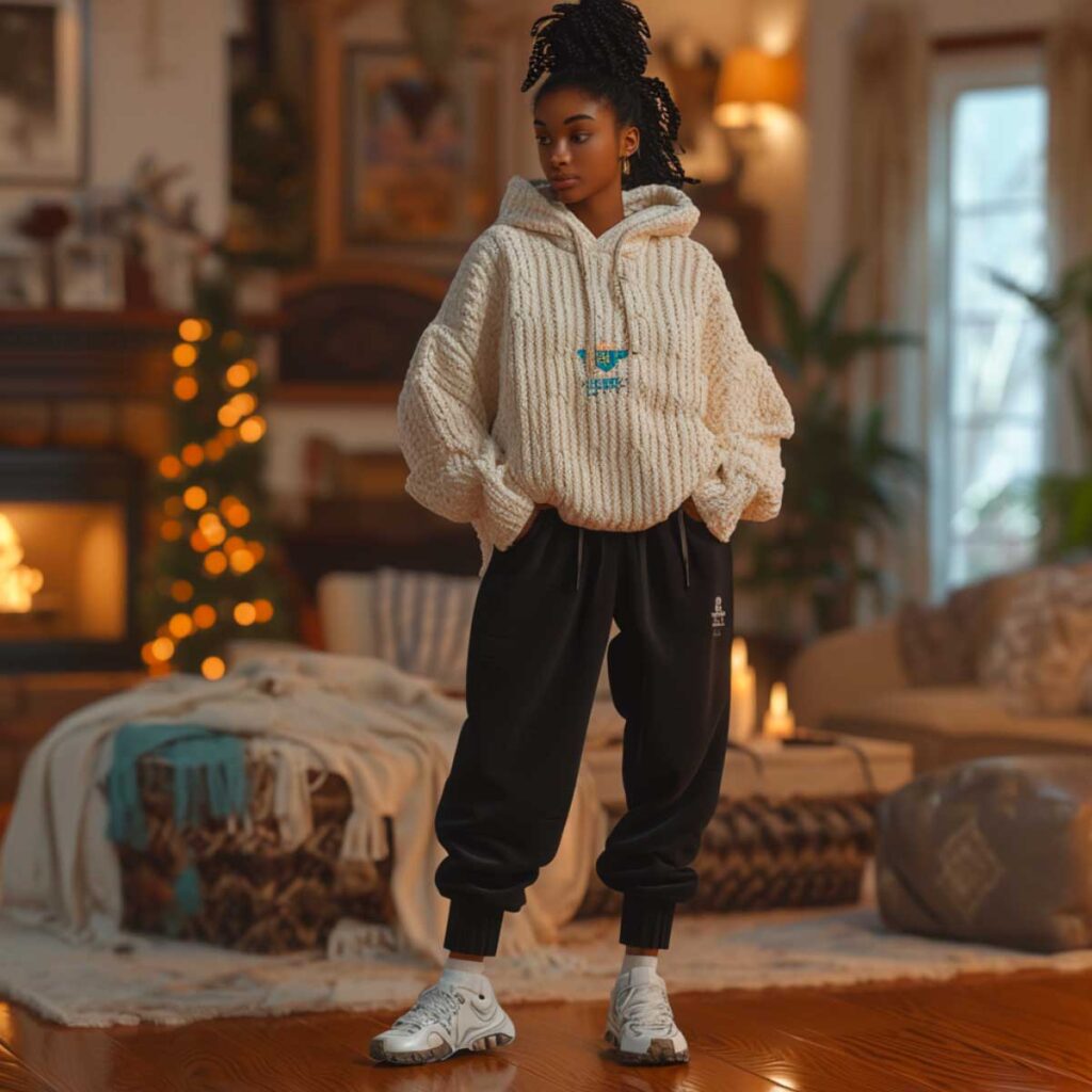 Woman in a cozy cable knit hoodie and sweatpants for a warm holiday season indoors.