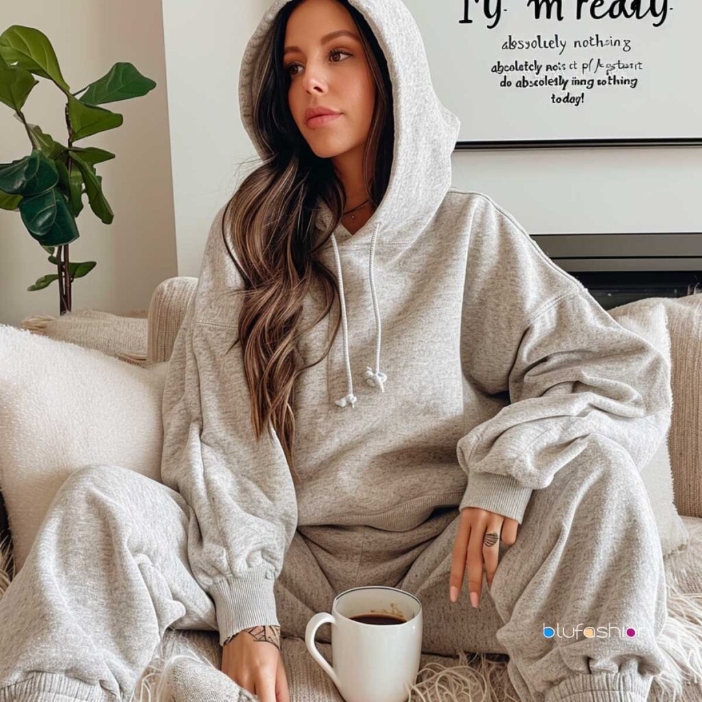 Relaxed home vibes with a woman in a comfy grey dolman hoodie enjoying a cup of coffee.