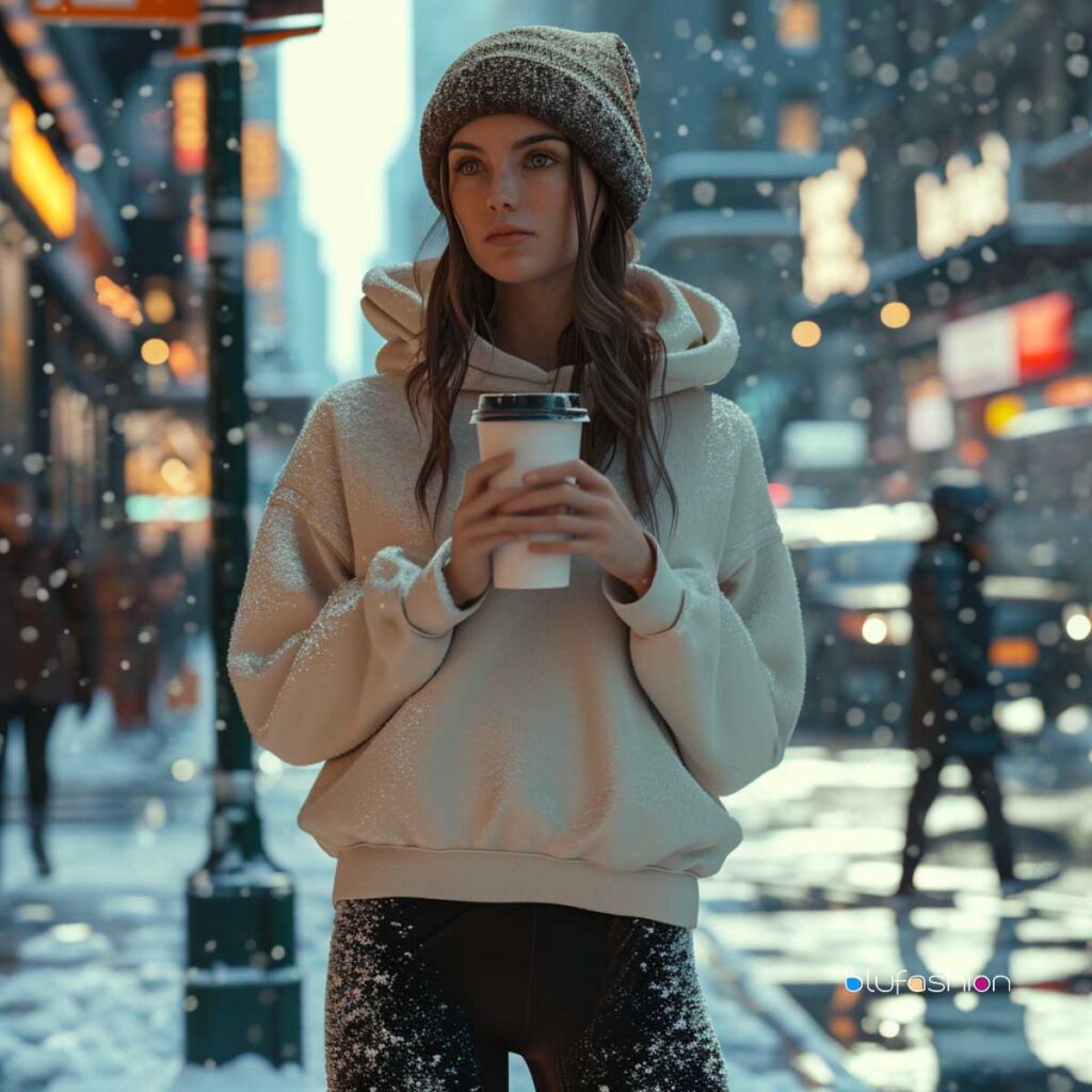 Woman in a cozy fleece hoodie and beanie holding a coffee cup on a snowy city street.