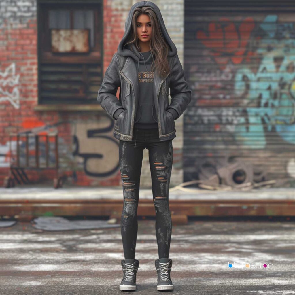 Stylish urban outfit with distressed jeans and grey hooded leather jacket.