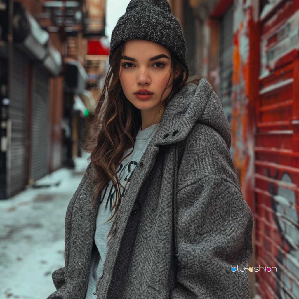 Urban winter fashion, woman in knit hat and textured grey coat, city backdrop.