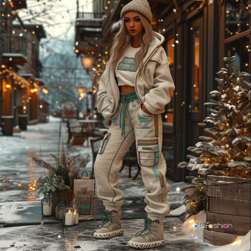 Winter athleisure fashion with cozy hoodie, joggers, and boots in a festive street setting.