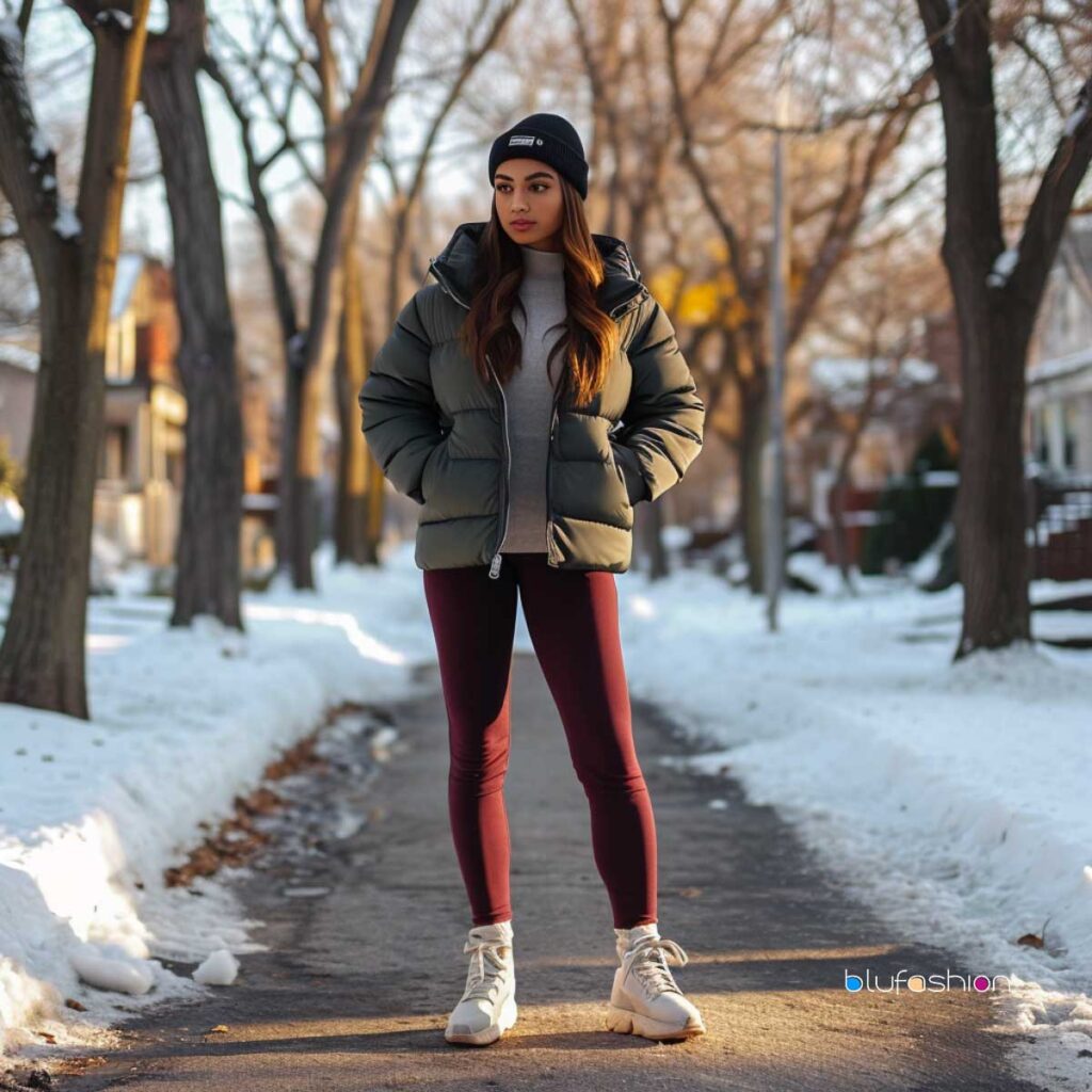 Woman in black winter jacket and hat with maroon leggings on snowy street.