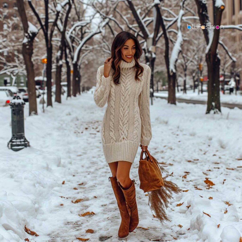 Cardigan and boots outfits: Smiling woman in a cream cable-knit sweater dress and suede boots in a snowy park setting.