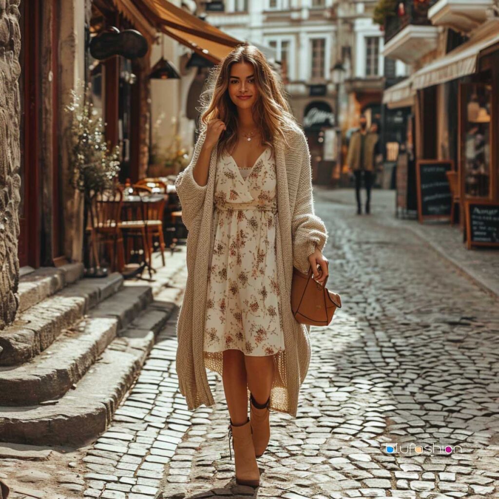 Stylish woman strolling through cobblestone streets in a long cardigan and floral dress.