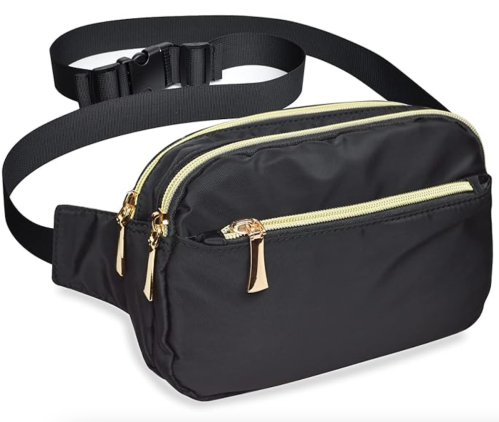 Black belt bag with gold zippers on white background
