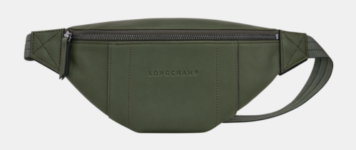 A khaki green Longchamp belt bag against a white background